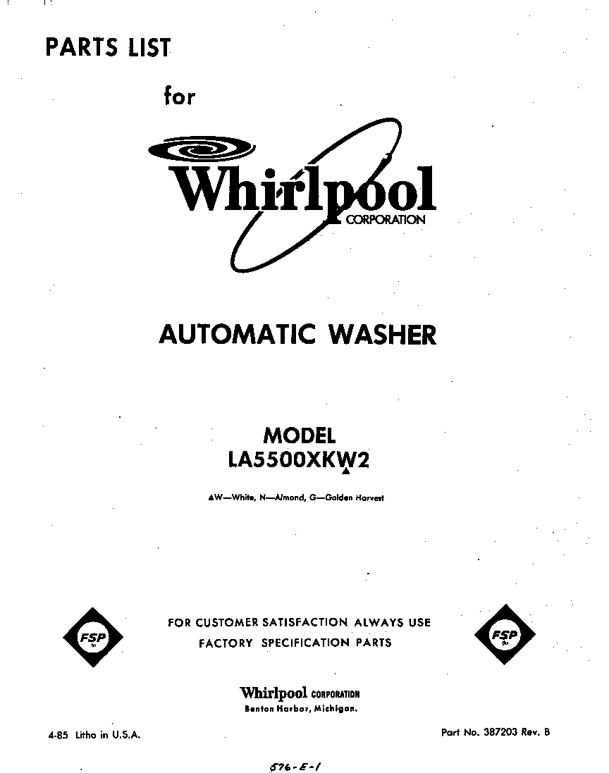 Whirlpool LA5500XKW2 front cover diagram