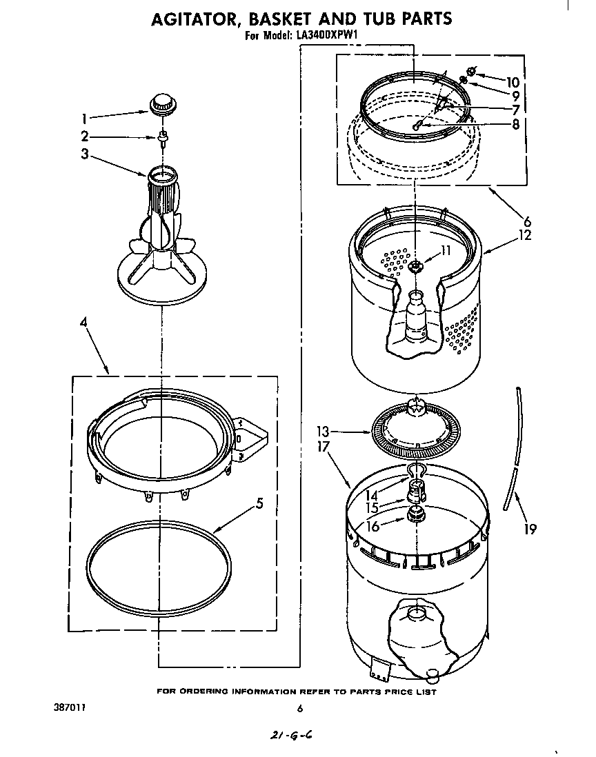 Whirlpool LA3400XPW1 agitator, basket and tub diagram