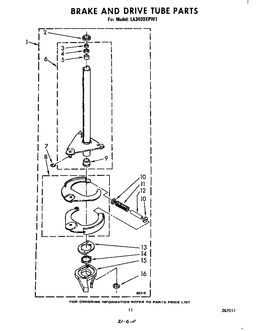 Whirlpool LA3400XPW1 brake and drive tube diagram