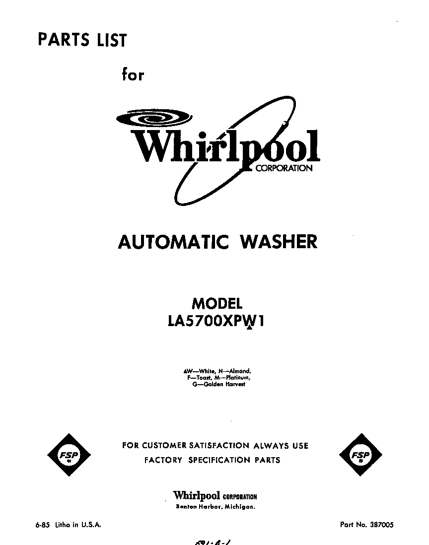 Whirlpool LA5700XPW1 front cover diagram