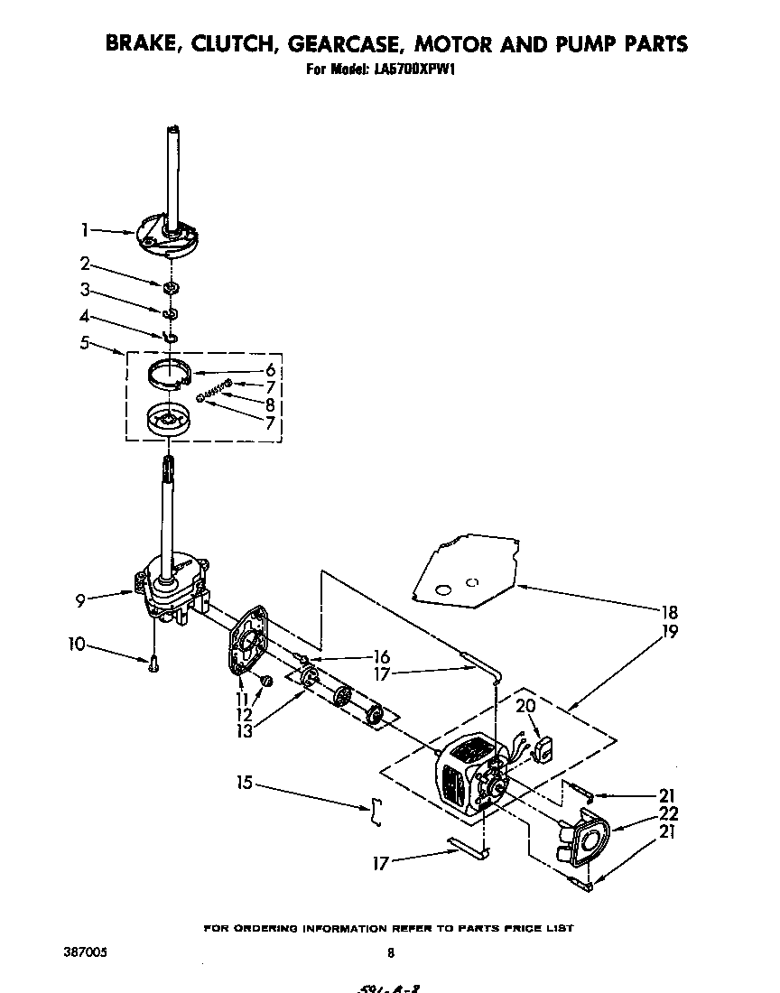 Whirlpool LA5700XPW1 brake, clutch, gearcase, motor and pump diagram