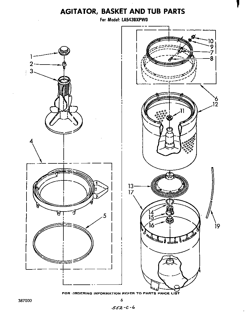Whirlpool LA5430XPW0 agitator, basket and tub diagram