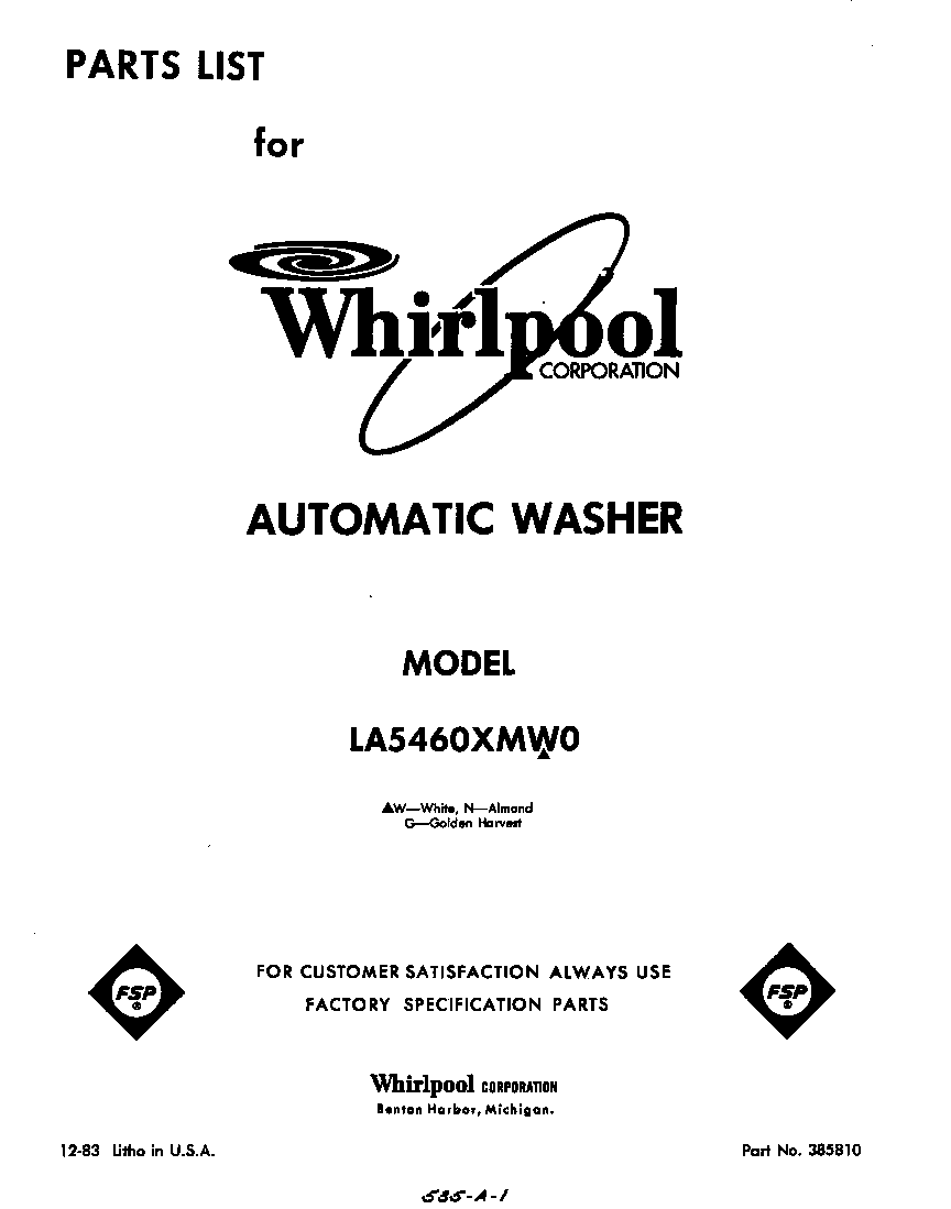 Whirlpool LA5460XMW0 front cover diagram
