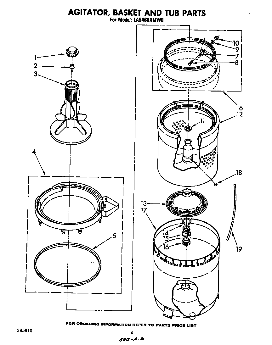 Whirlpool LA5460XMW0 agitator, basket and tub diagram