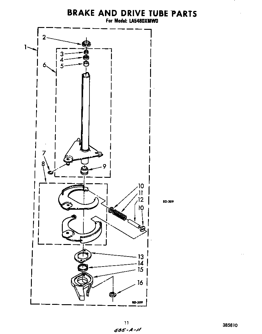 Whirlpool LA5460XMW0 brake and drive tube diagram