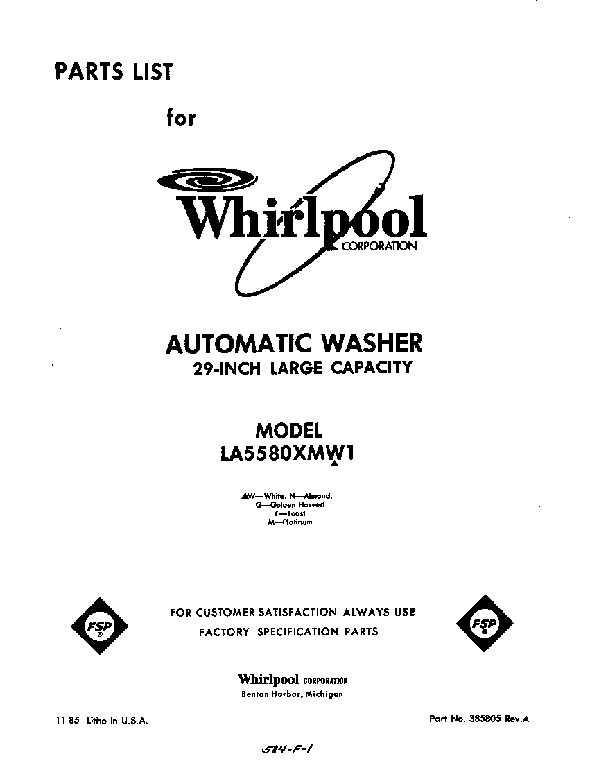 Whirlpool LA5580XMW1 front cover diagram