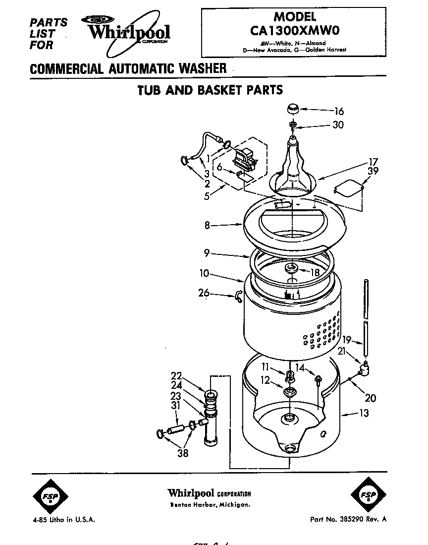 Whirlpool CA1300XMW0 tub and basket diagram