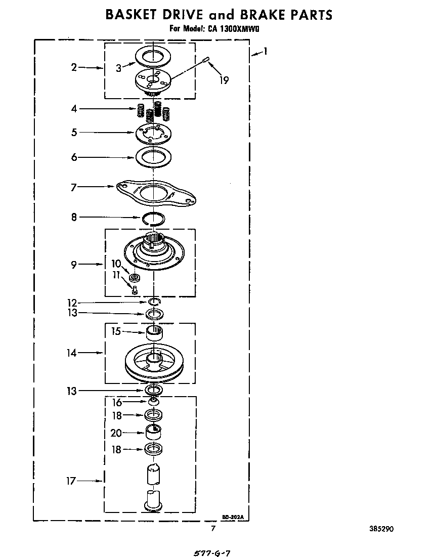 Whirlpool CA1300XMW0 basket drive and brake diagram