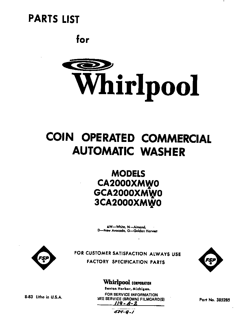 Whirlpool CA2000XMW0 front cover diagram