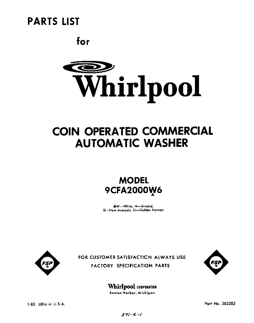 Whirlpool 9CFA2000W6 front cover diagram