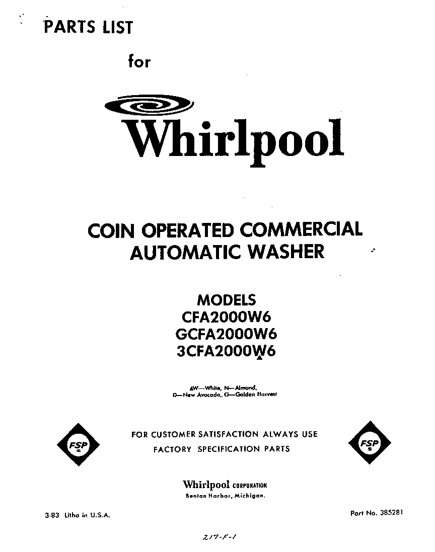 Whirlpool CFA2000W6 front cover diagram