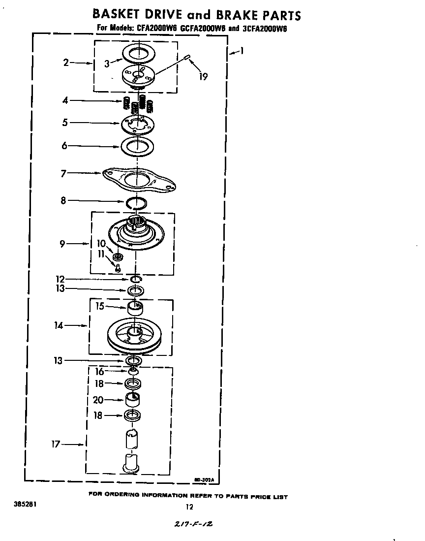 Whirlpool CFA2000W6 basket drive and brake diagram