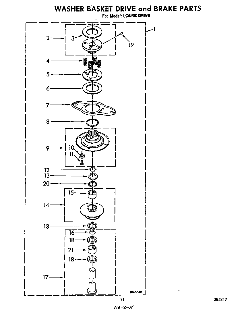Whirlpool LC4900XMW0 washer basket drive and break diagram