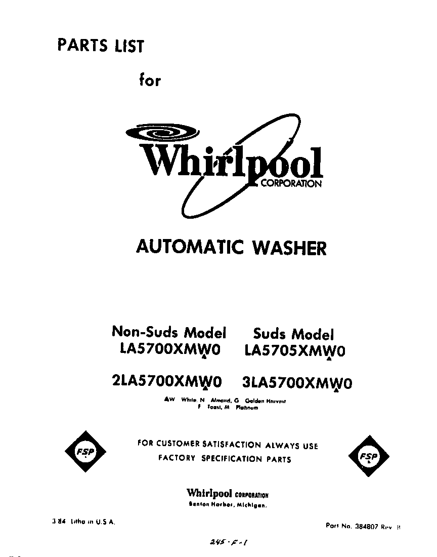 Whirlpool 2LA5700XMW0 front cover diagram
