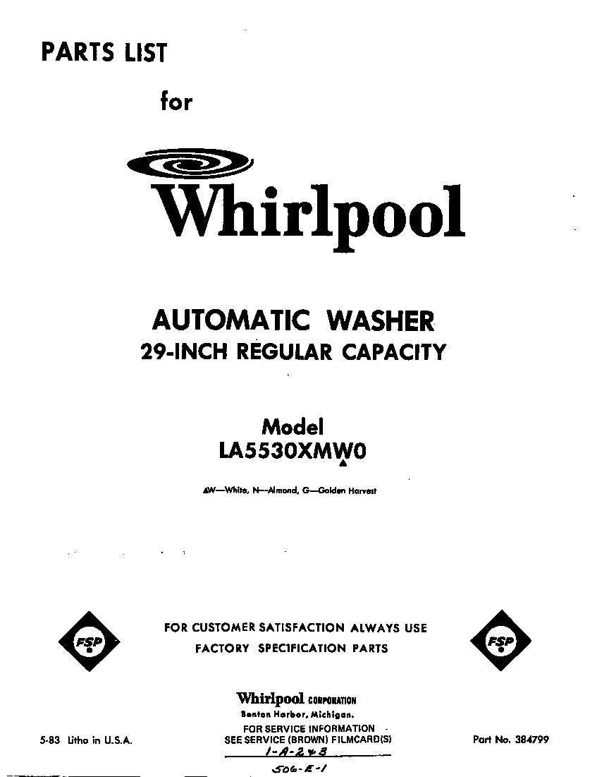 Whirlpool LA5530XMW0 front cover diagram