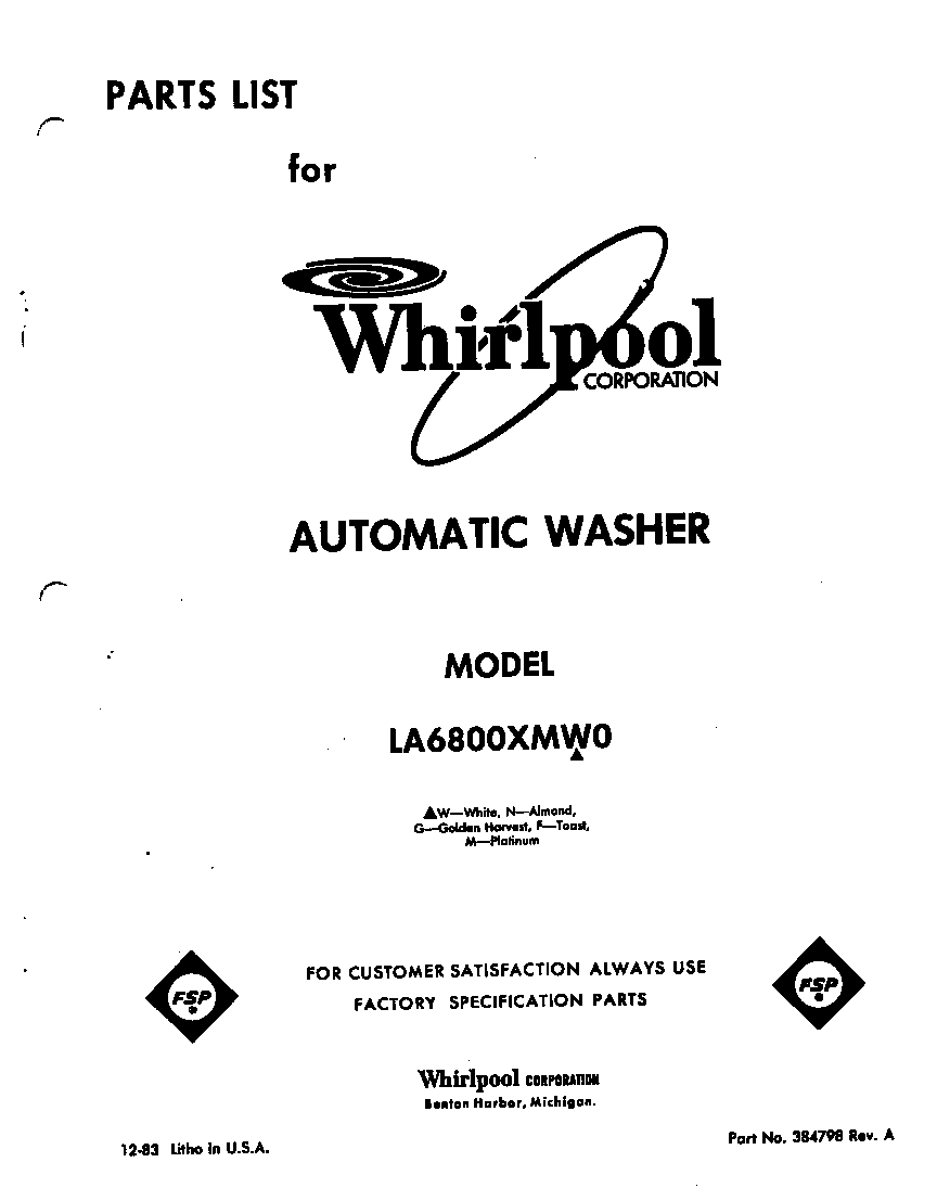 Whirlpool LA6800XMW0 front cover diagram