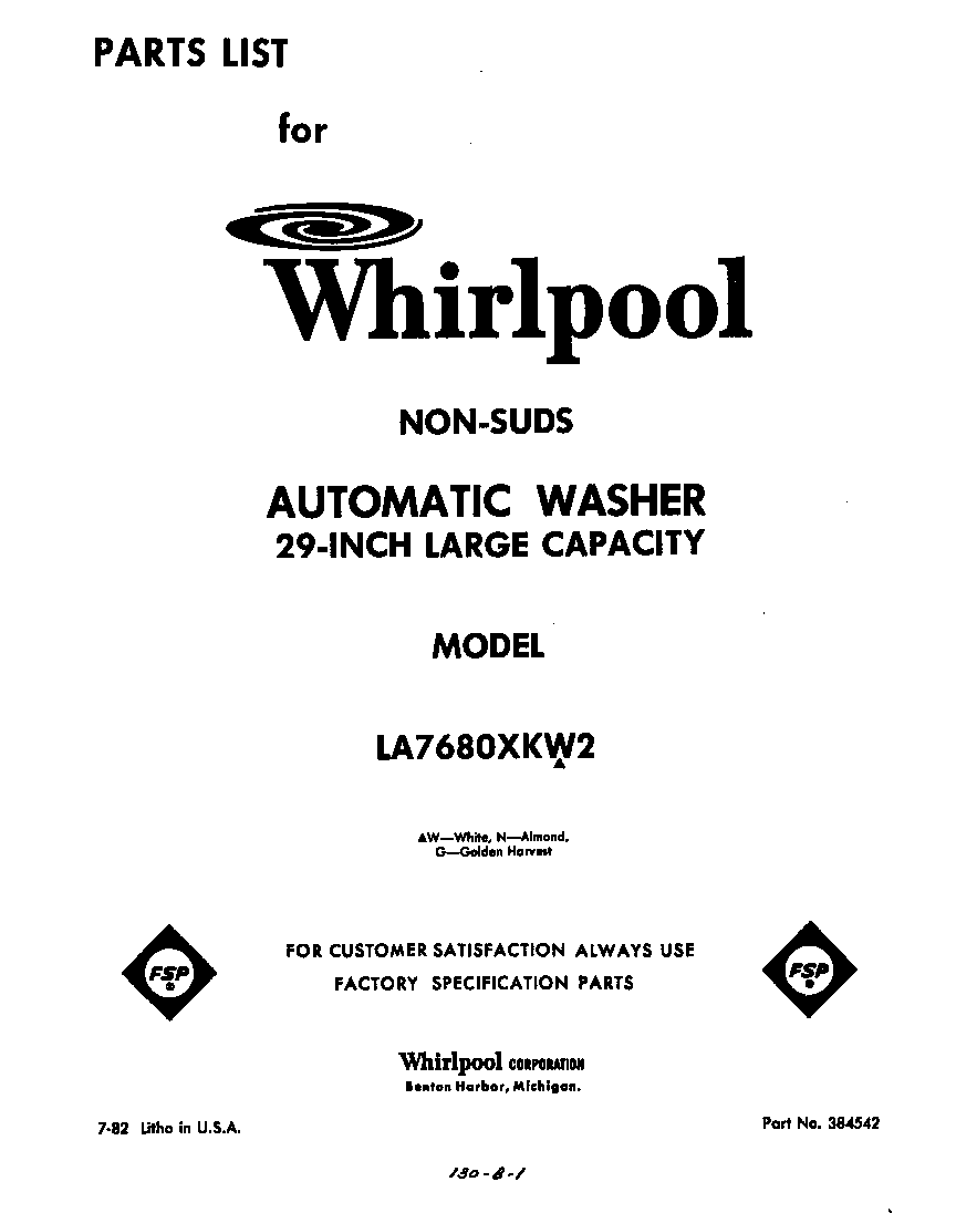 Whirlpool LA7680XKW2 front cover diagram