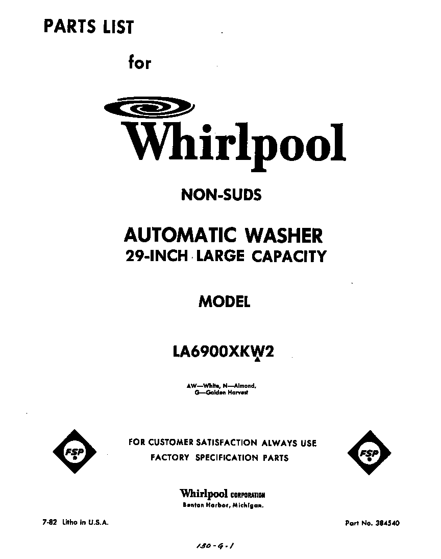 Whirlpool LA6900XKW2 front cover diagram