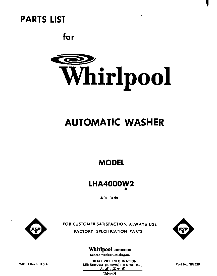 Whirlpool LHA4000W2 front cover diagram