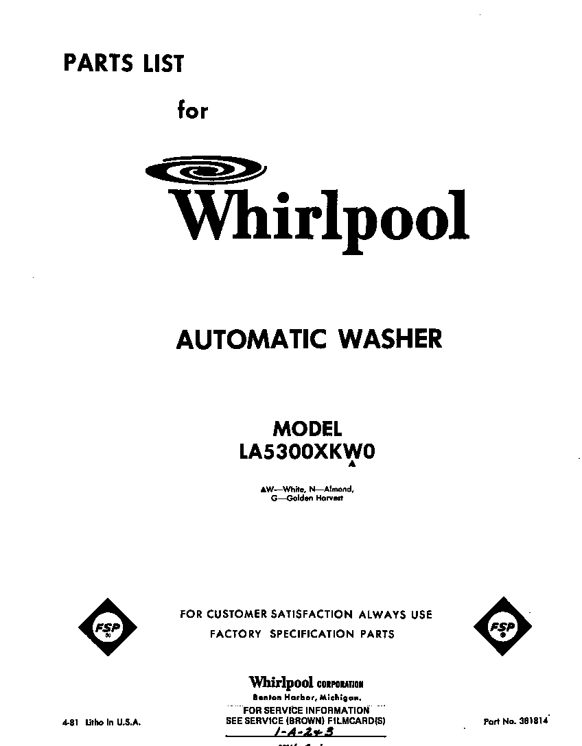 Whirlpool LA5300XKW0 front cover diagram