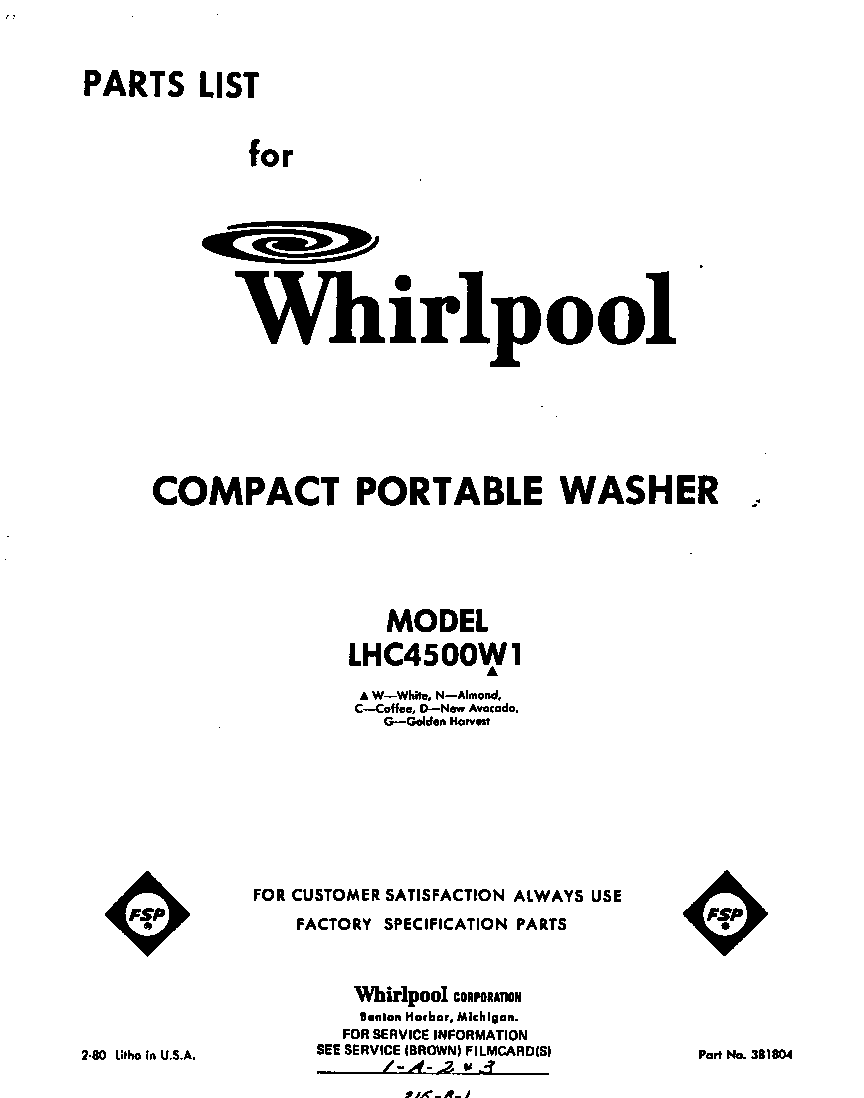 Whirlpool LHC4500W1 front cover diagram