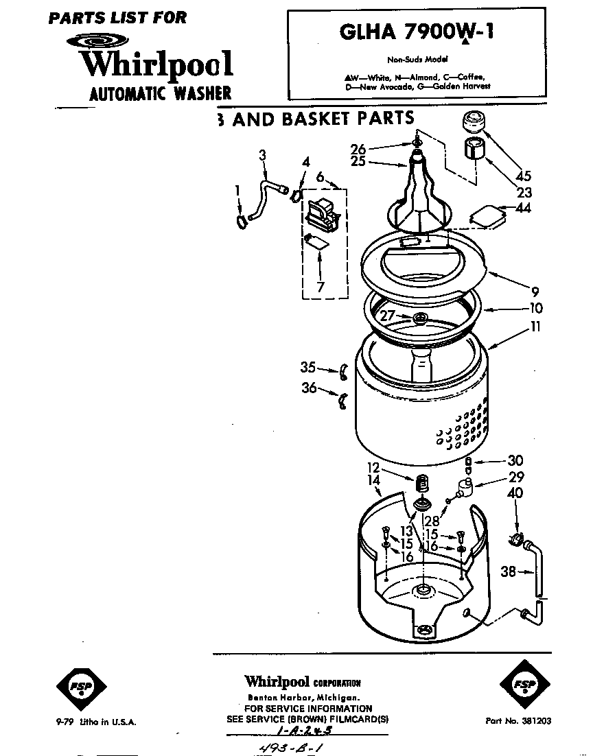 Whirlpool GLHA7900W1 tub and basket diagram