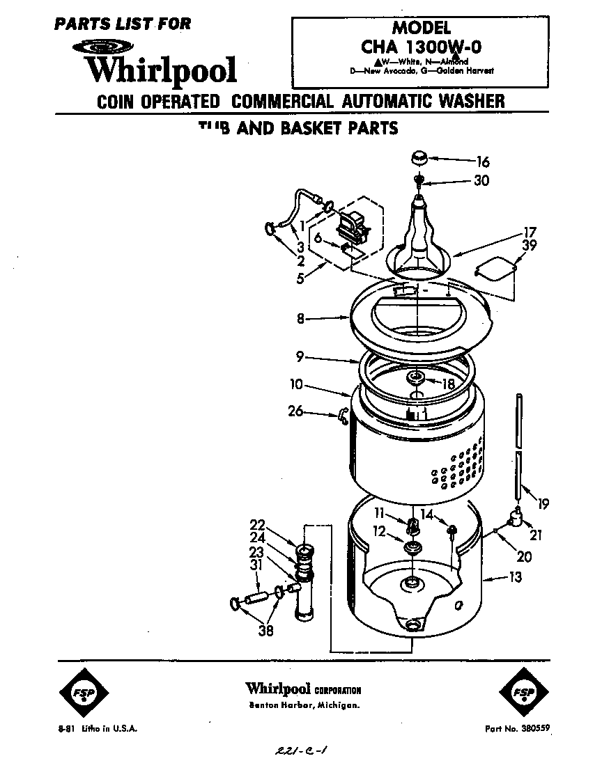 Whirlpool CHA1300W0 tub and basket diagram