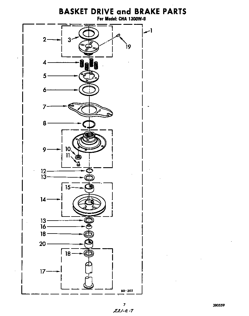 Whirlpool CHA1300W0 basketdrive and brake diagram