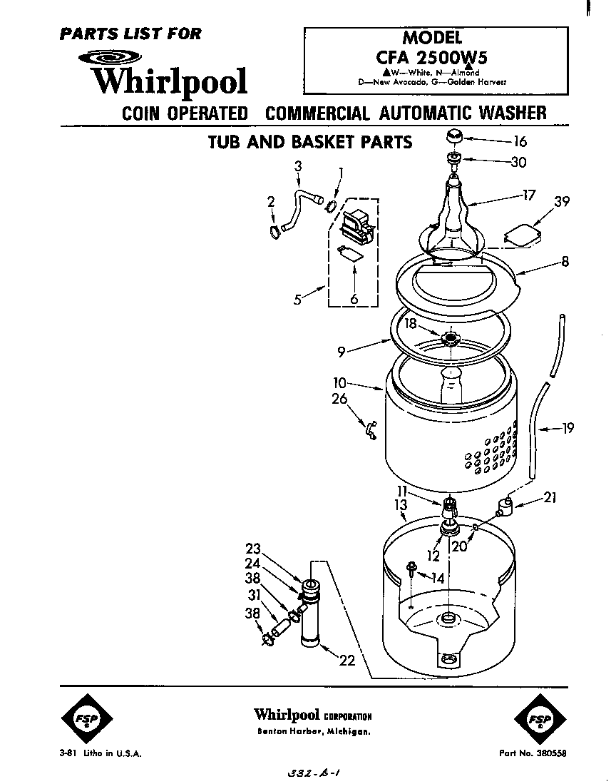 Whirlpool CFA2500W5 tub and basket diagram