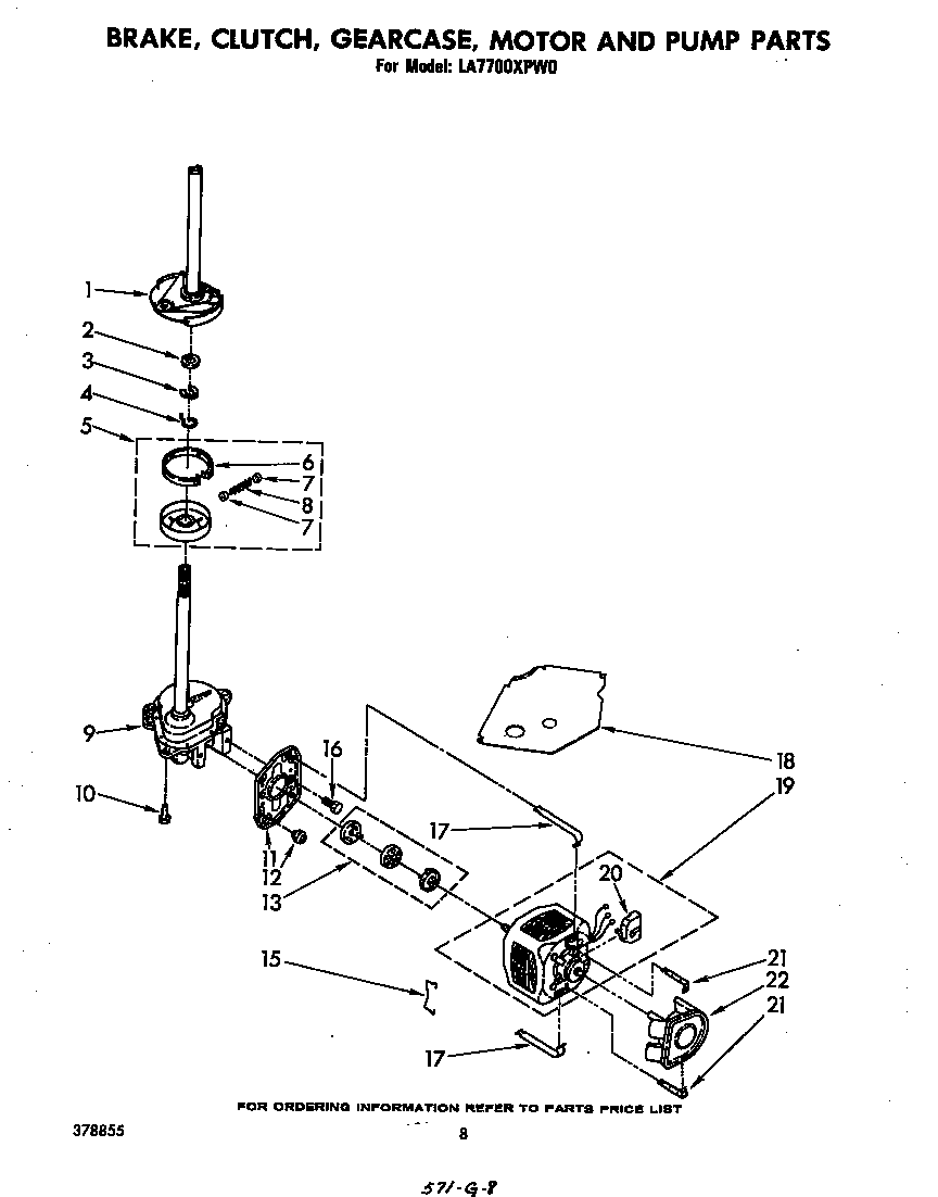 Whirlpool LA7700XPW0 brake, clutch, gearcase, motor and pump diagram