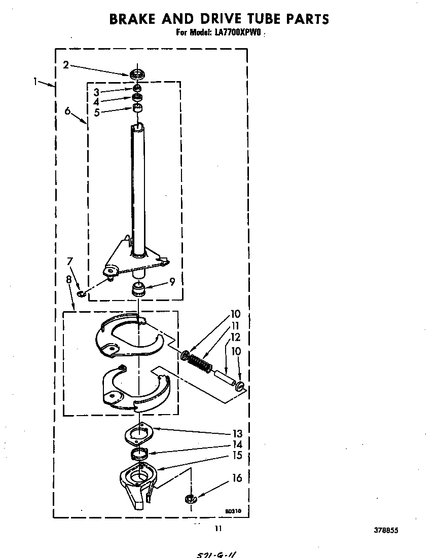 Whirlpool LA7700XPW0 brake and drive tube diagram
