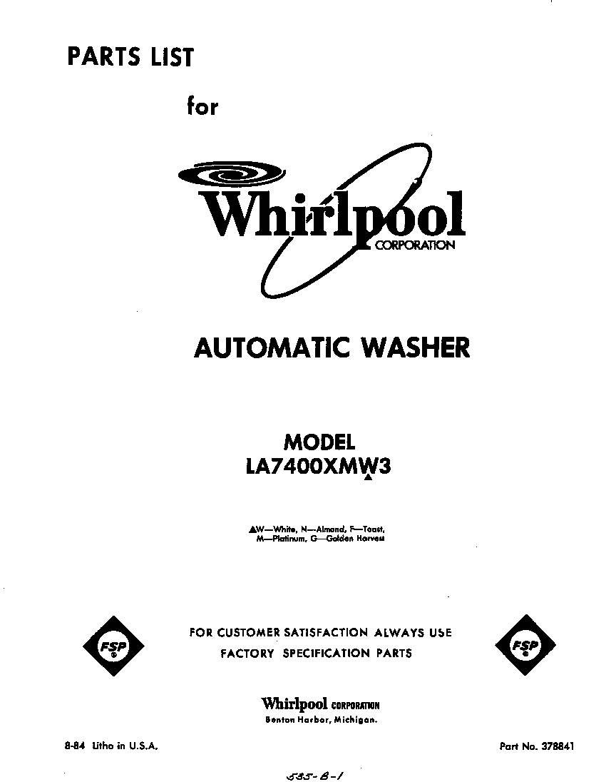Whirlpool LA7400XMW3 front cover diagram