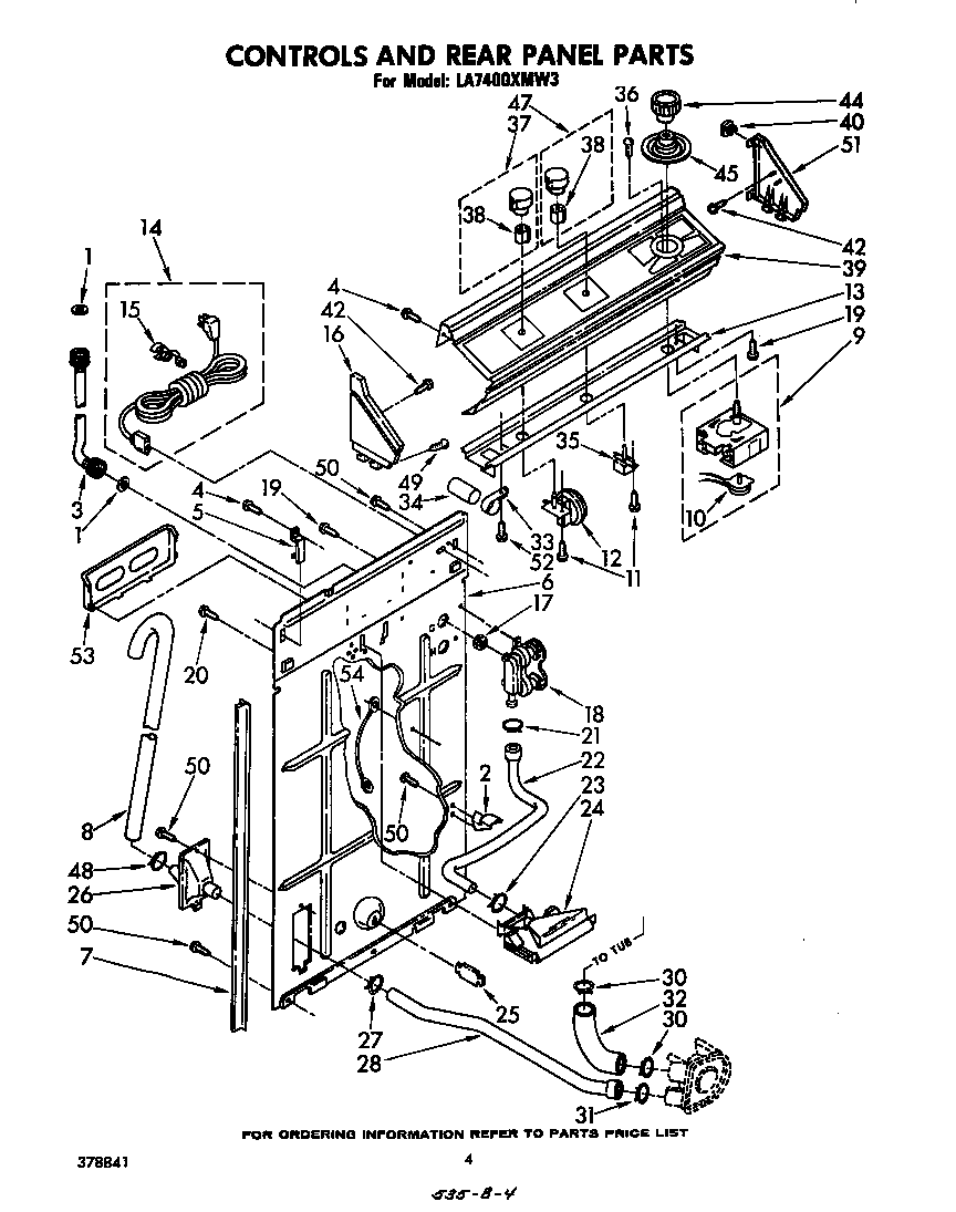 Whirlpool LA7400XMW3 controls and rear panel diagram