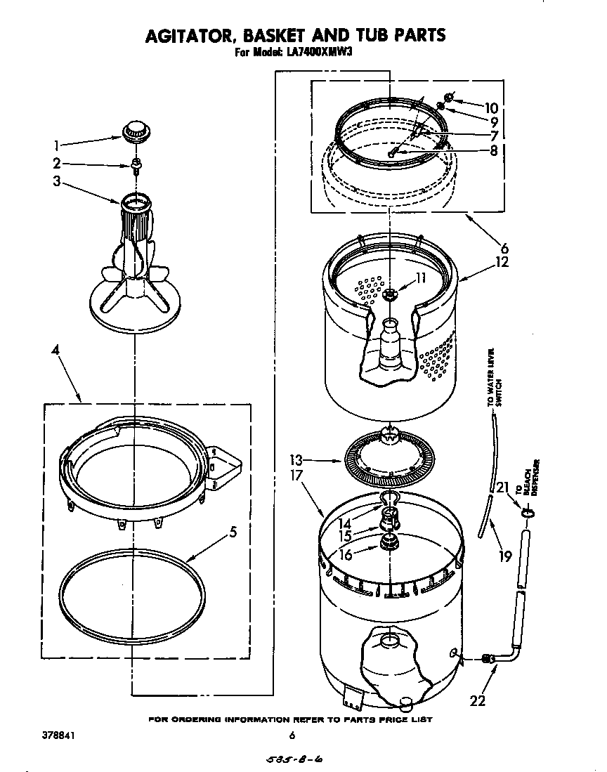 Whirlpool LA7400XMW3 agitator, basket, and tub diagram