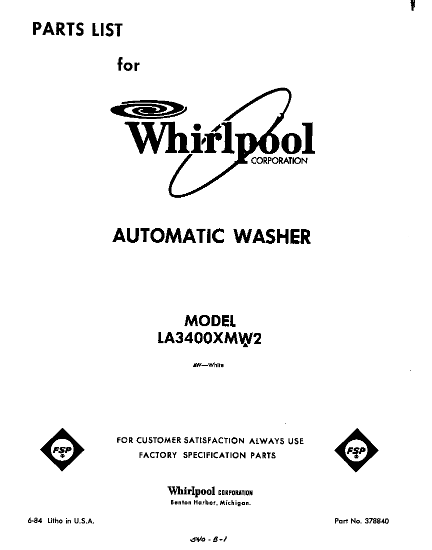 Whirlpool LA3400XMW2 front cover diagram