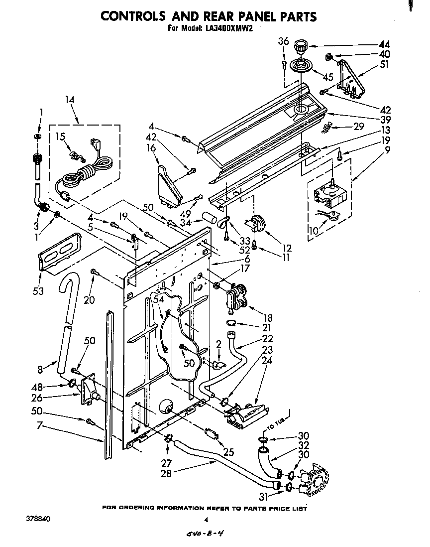 Whirlpool LA3400XMW2 controls and rear panel diagram