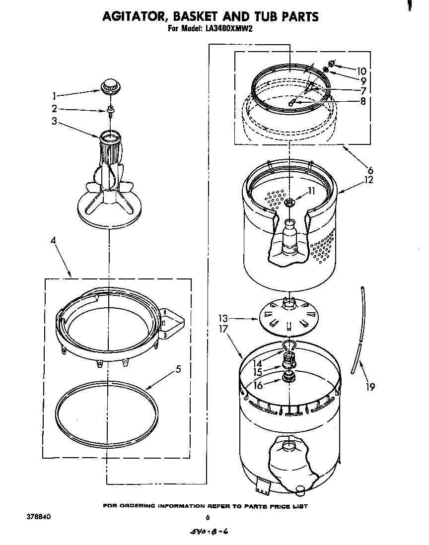 Whirlpool LA3400XMW2 agitator, basket and tub diagram