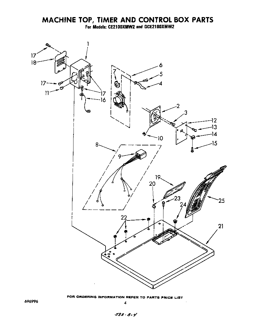 Whirlpool CE2100XMW2 machine top, timer and control box diagram