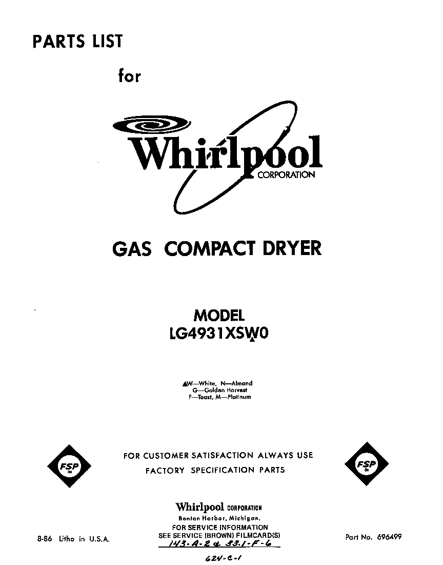 Whirlpool LG4931XSW0 front cover diagram