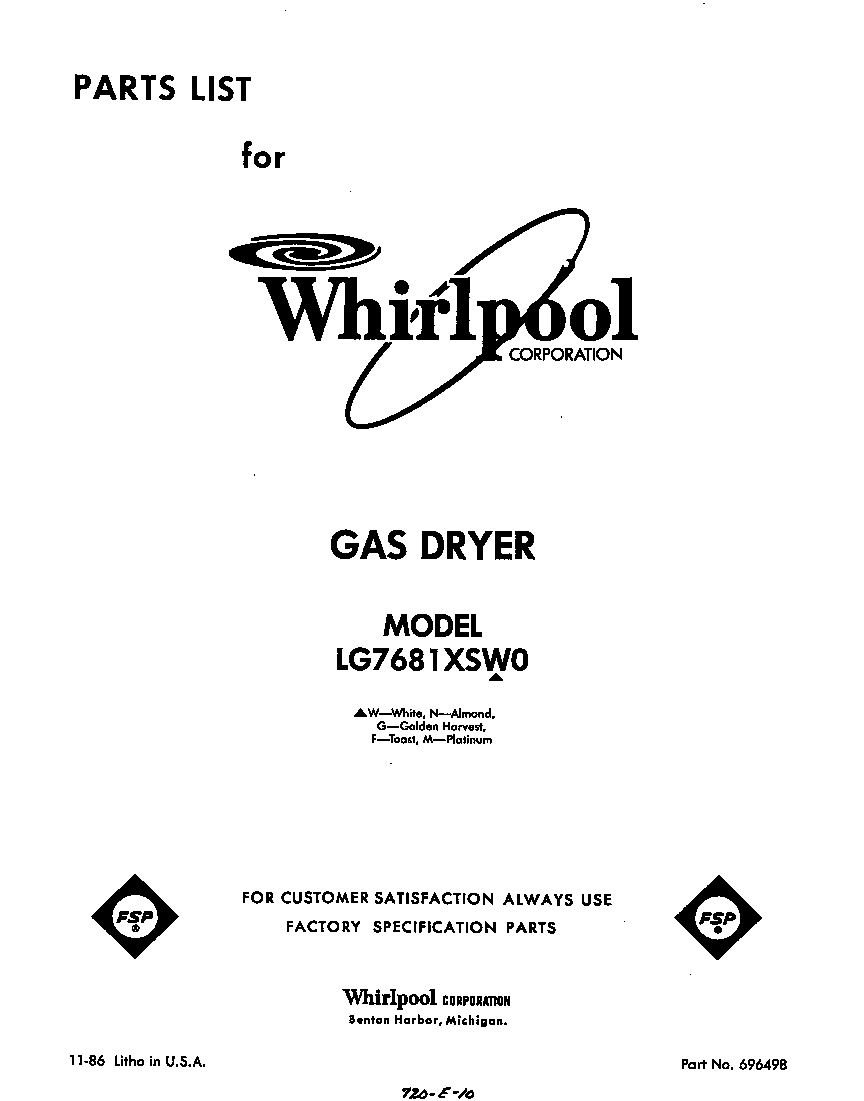 Whirlpool LG7681XSW0 front cover diagram