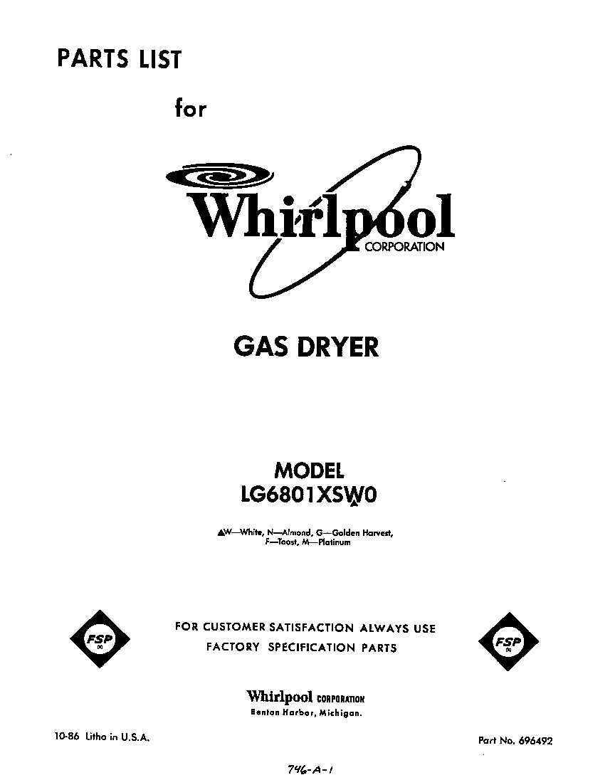 Whirlpool LG6801XSW0 front cover diagram