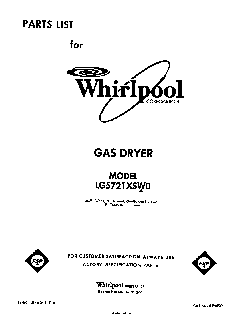 Whirlpool LG5721XSW0 front cover diagram