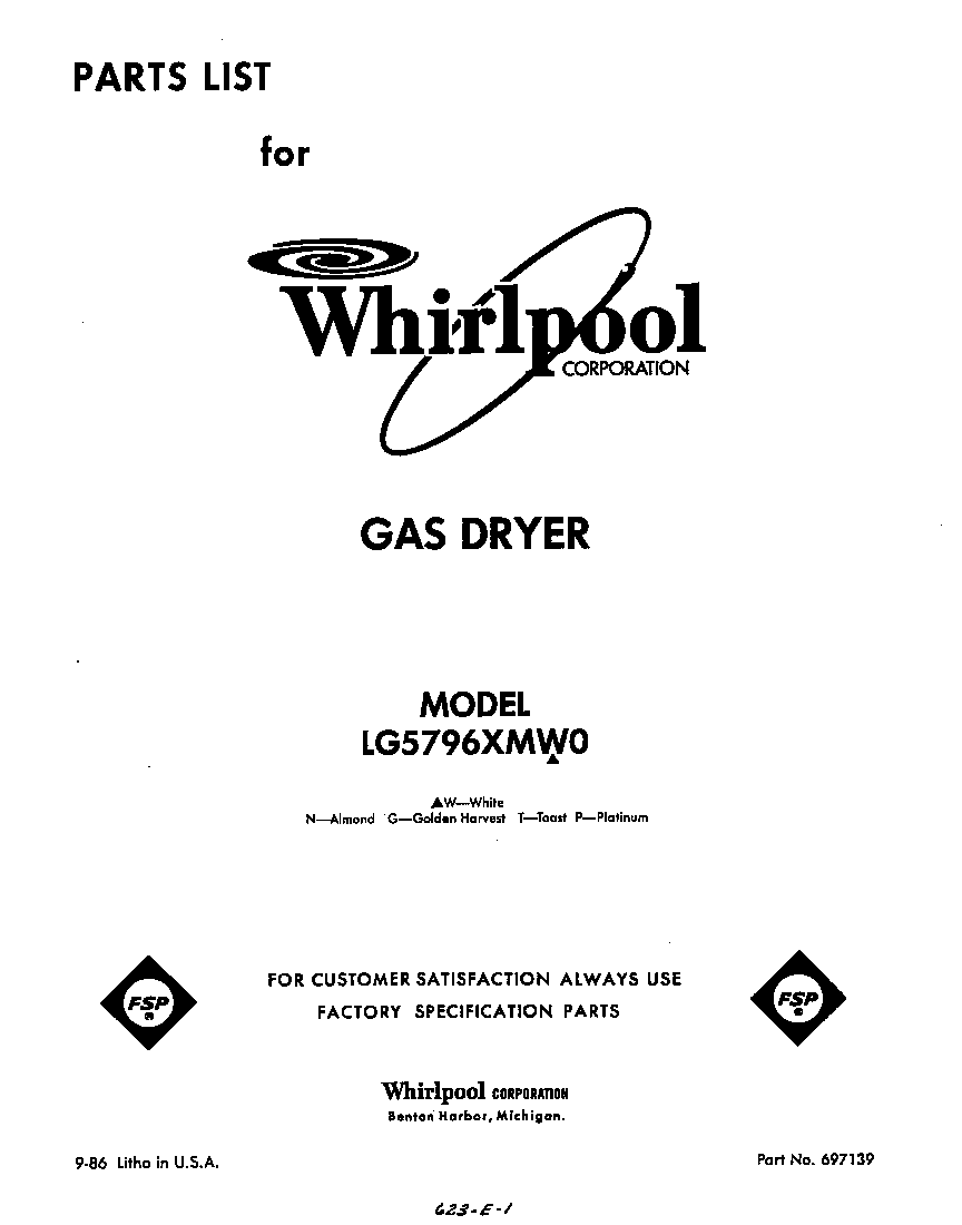 Whirlpool LG5796XMW0 front cover diagram
