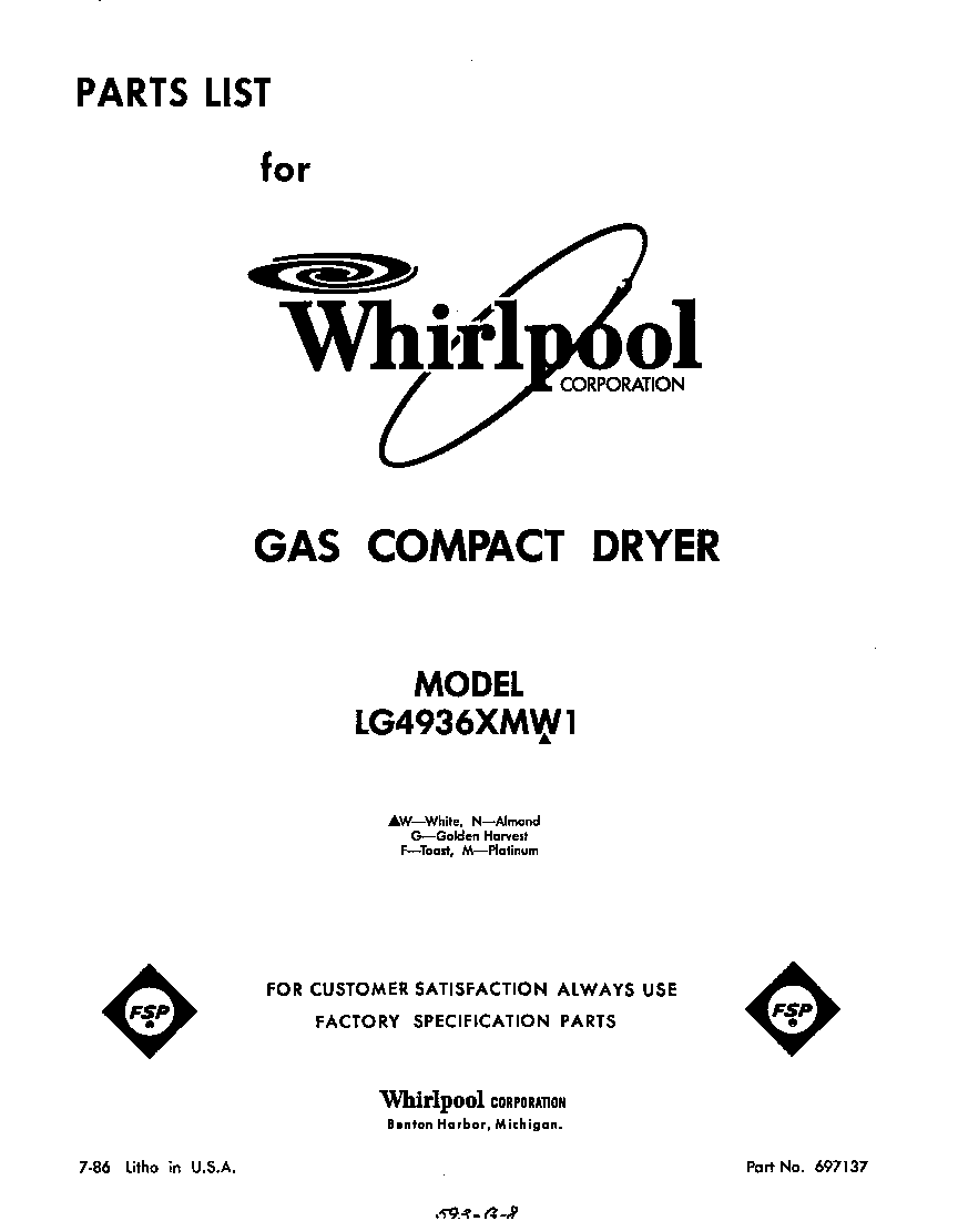 Whirlpool LG4936XMW1 front cover diagram