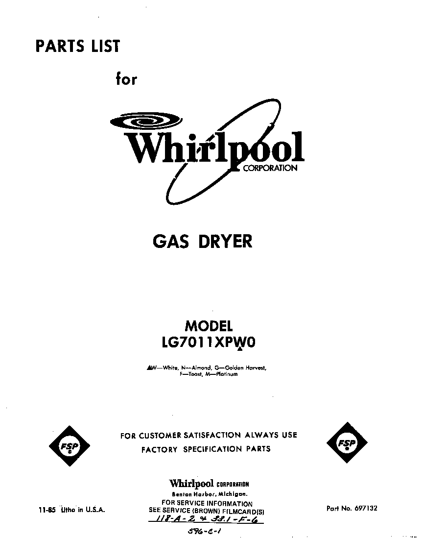 Whirlpool LG7011XPW0 front cover diagram