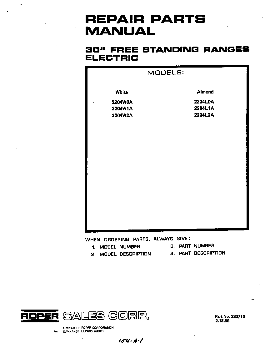 Roper 2204*0A front cover diagram