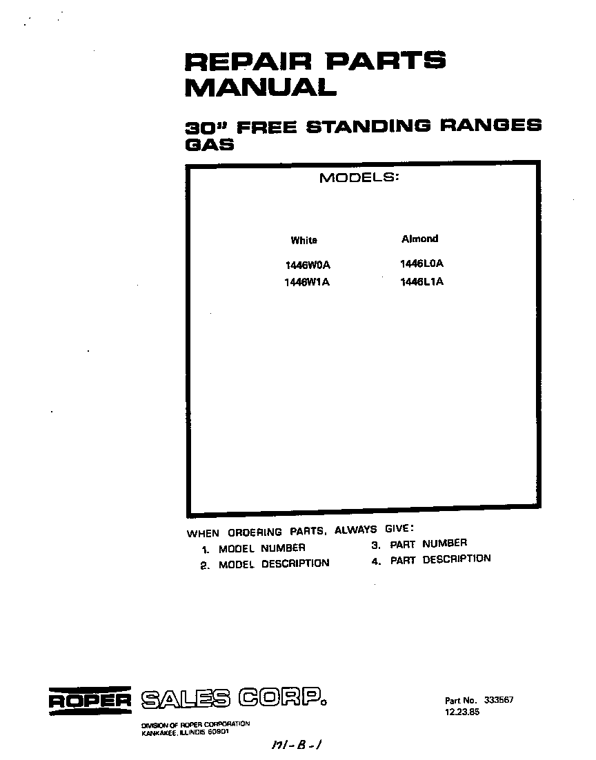 Roper 1446W0A cover page-text only diagram