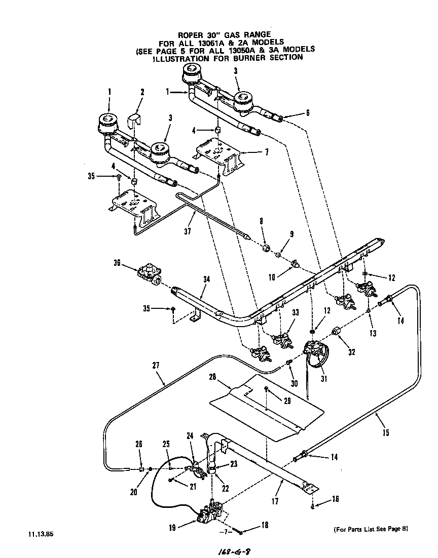 Roper 1305W3A burner (models 13061a & 2a) diagram