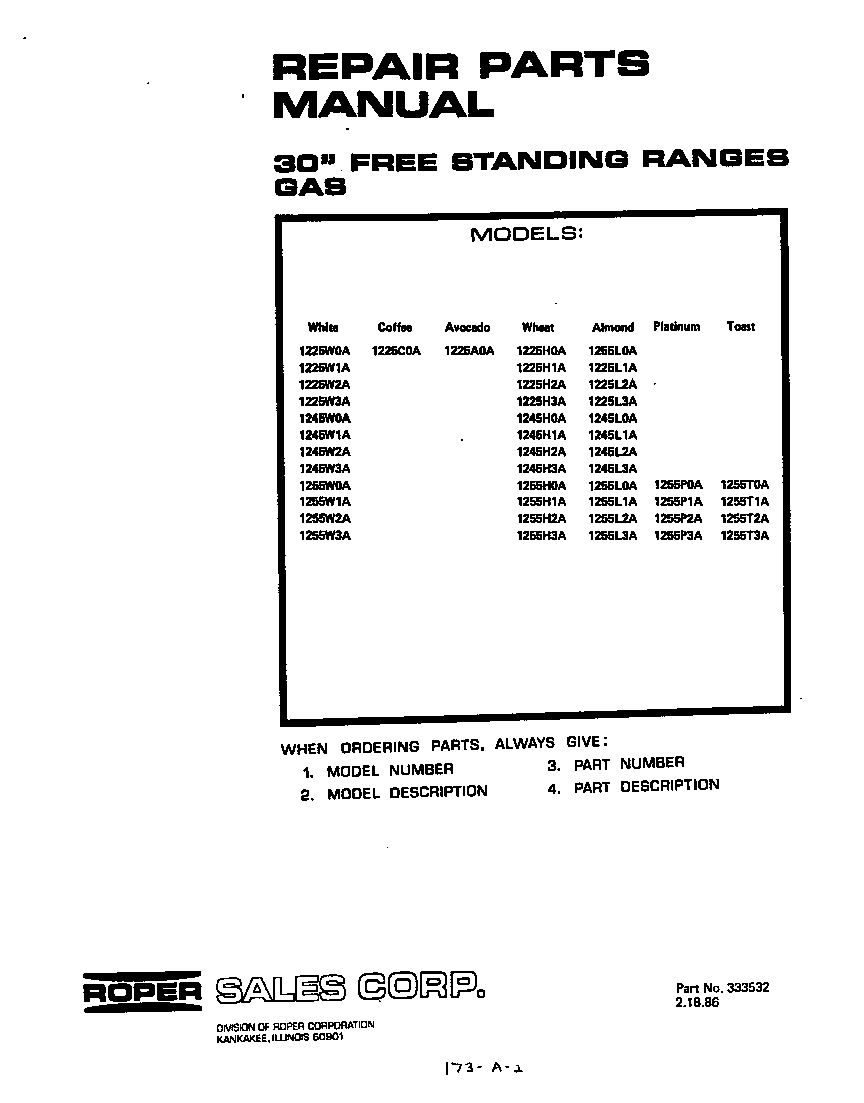 Roper 1225W3A cover page-text only diagram