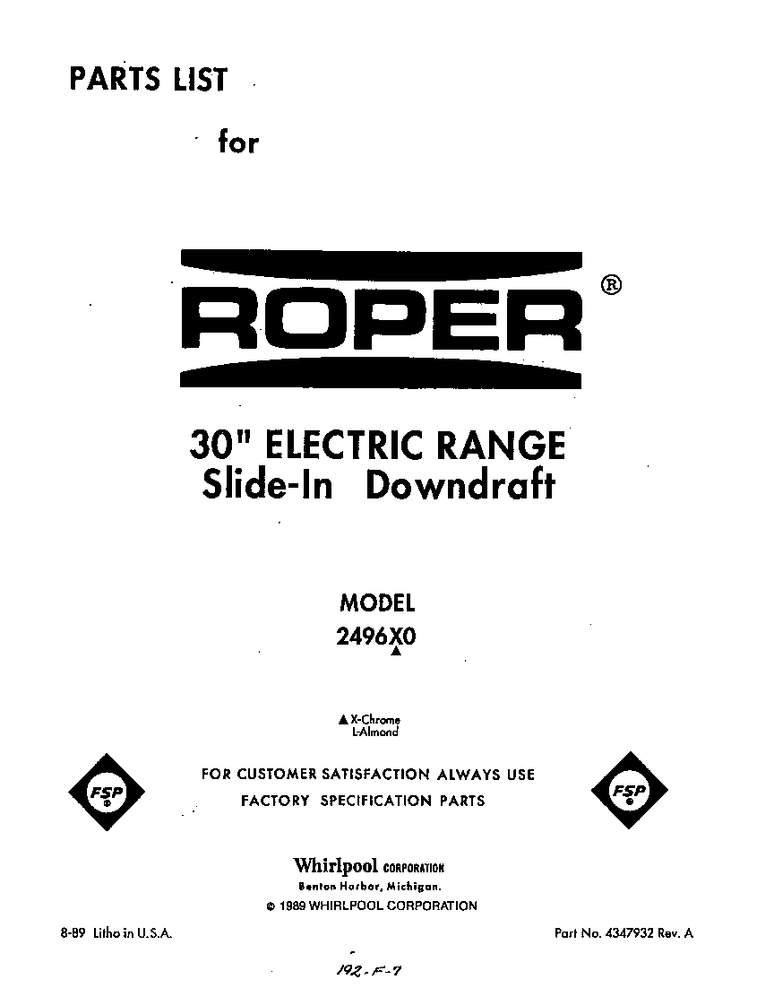 Roper 2496X0 front cover diagram